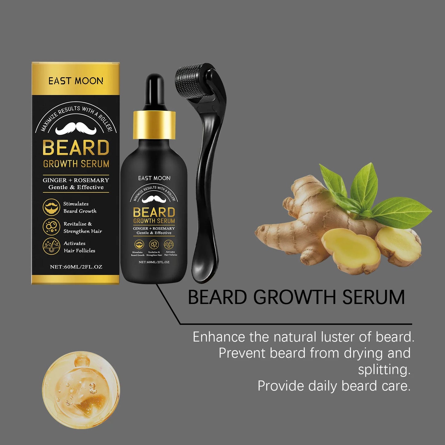 East Moon Beard Growth Serum Set Promotes Whisker Growth Strengthen Hair Roots Soften Skin Moisturizing Hydration Beard Care