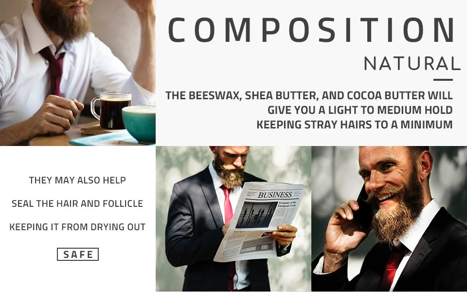 Baume à Barbe Naturel Homme - Cire Coiffante et Huile de Croissance - Hydratant Lissant