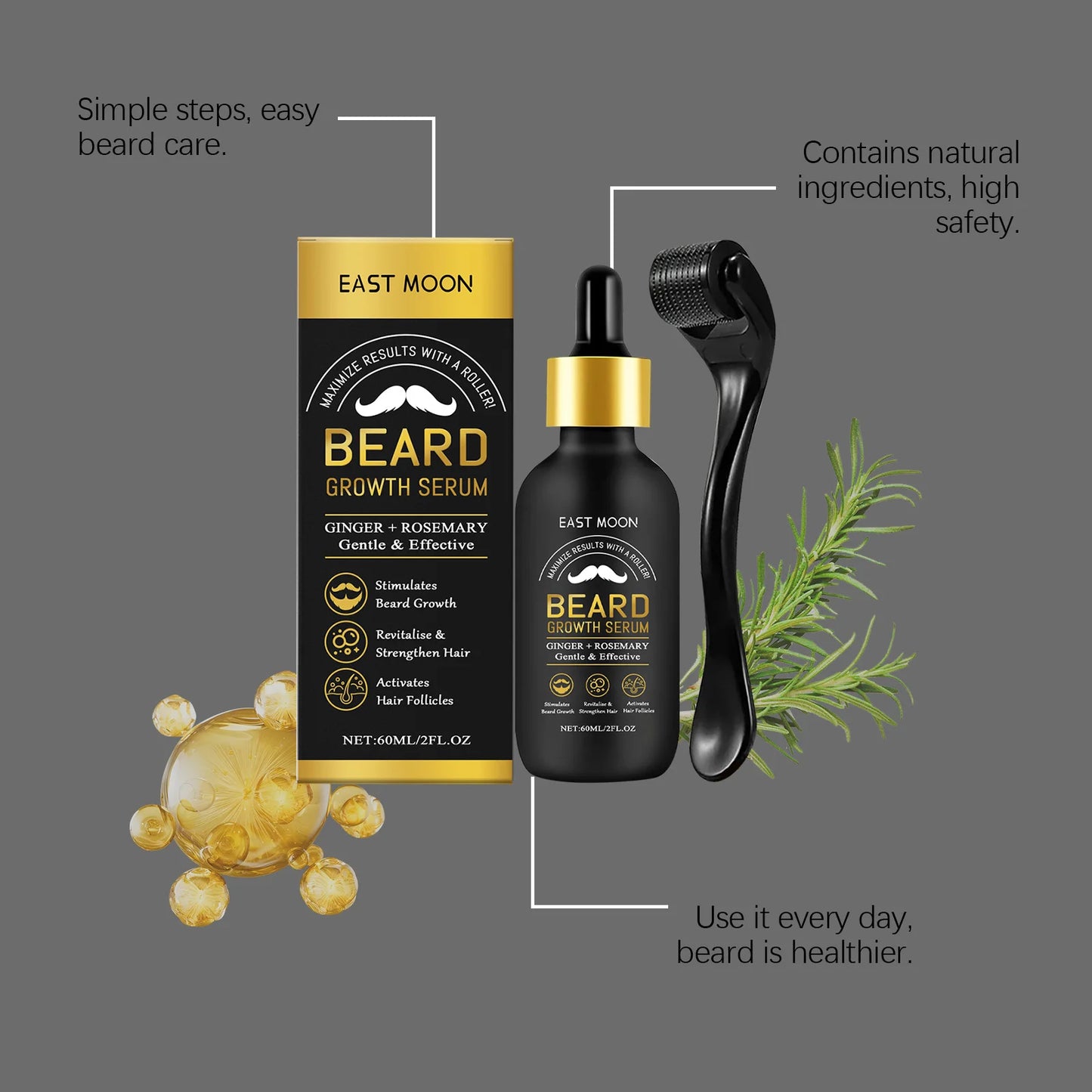 East Moon Beard Growth Serum Set Promotes Whisker Growth Strengthen Hair Roots Soften Skin Moisturizing Hydration Beard Care