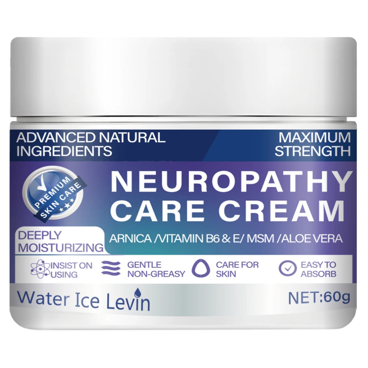 Water Ice Levin Maximum Strength Neuropathy Cream - with Natural Ingredients (Arnica, Msm, Aloe) for Intensive 72-Hour Hydration